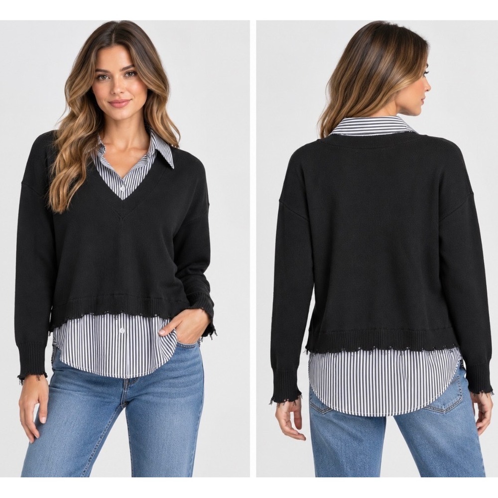 J. Society Layered Sweater Shirt S Black V-Neck Striped Collar Distressed Hem